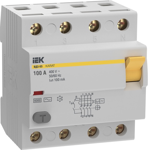 Выключатель дифференциальный (УЗО) KARAT ВД3-63 4P 100А 100мА 6кА тип AC | код MDV20-4-100-100 | IEK